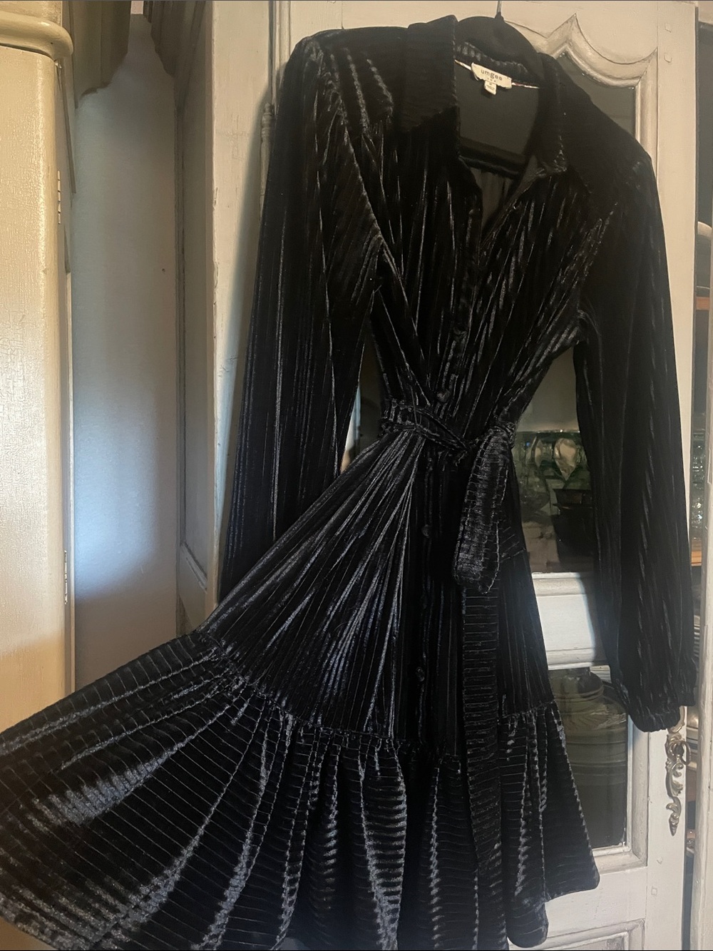 Umgee Black Velvet Long-Sleeve Wrap Dress with Tie Waist